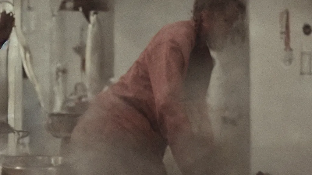 Image similar to a strange creature cooks at a stove, film still from the movie directed by Denis Villeneuve with art direction by Zdzisław Beksiński, close up, telephoto lens, shallow depth of field