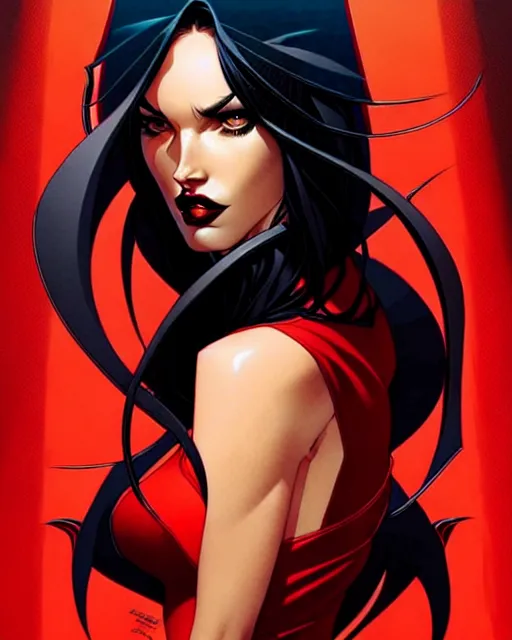 Image similar to artgerm, joshua middleton comic cover art, full body pretty megan fox vampire sharp teeth, red dress, symmetrical eyes, symmetrical face, long curly black hair, dark castle background background, cinematic lighting