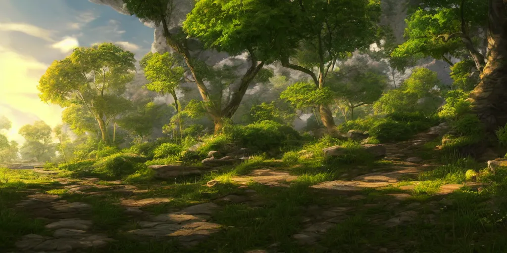 Image similar to beautiful nature environment from genshin impact, in - game rendering, cell - shaded, in game screenshot, beautiful colors, 8 k, detailed, award winning, unreal engine 5, stylized, popular on artstation, by a famous game concept artist, anime style, nostalgic