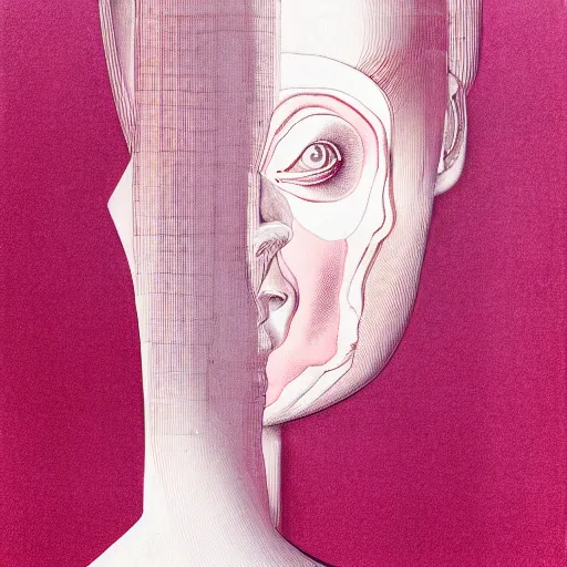 Prompt: pink and white lithography on paper conceptual figurative ( post - morden ) monumental dynamic portrait drawn by hogarth and escher and francis bacon, inspired by goya, illusion surreal art, highly conceptual figurative art, intricate detailed illustration, controversial poster art, polish poster art, geometrical drawings, no blur