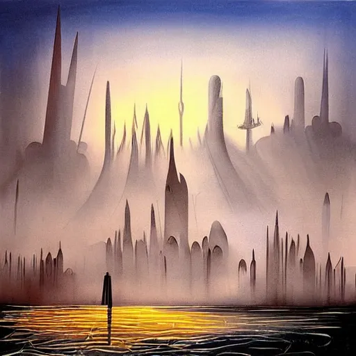 Prompt: by yves tanguy, by thomas w schaller doom. a beautiful land art of a cityscape with tall spires & delicate bridges.