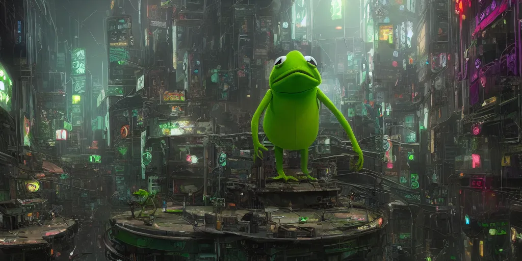 Image similar to Kermit the Frog in a cyberpunk world, hyperdetailed, artstation, cgsociety, 8k