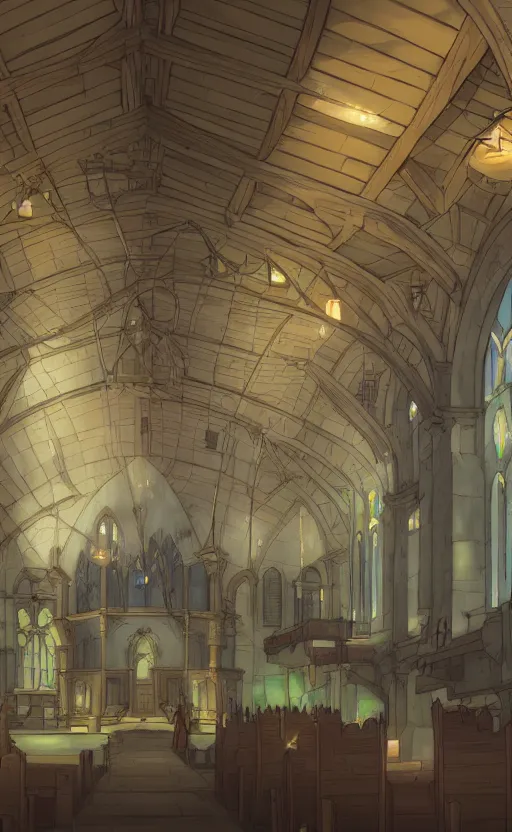 Image similar to a renaissance church hall, crystal lights, mysterious atmosphere, cel - shading, cinematic, artstation, studio ghibli, miyazaki, highly details