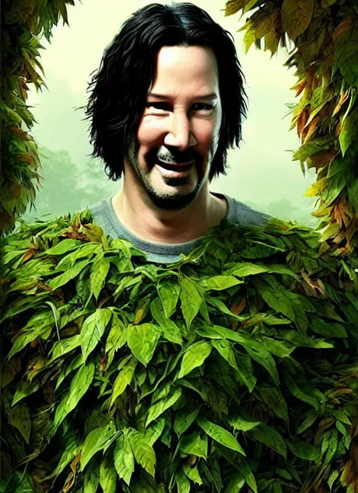 Prompt: highly detailed comedy caper movie poster with silly wacky zany keanu reeves as a sentient pile of leaves, keanu reeves green face as a sentient leafy bush by greg rutkowski, masterpiece, really funny, 1 0 / 1 0 comedy