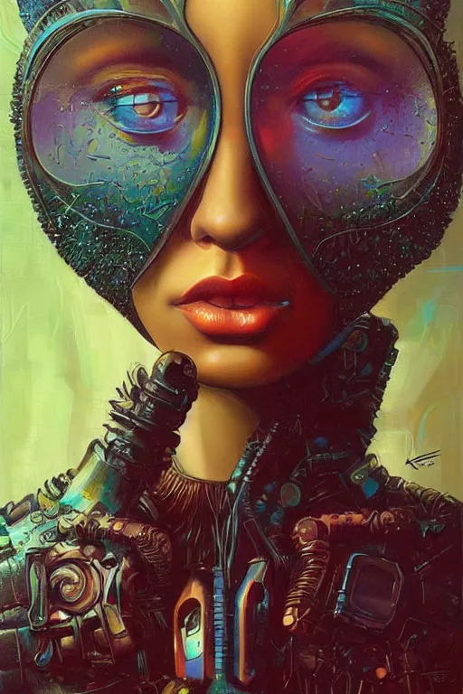 Prompt: portrait of raven, perfect future, iridescent color palette, art by karol bak, 1 9 7 0 s retro future robot android. muted colors