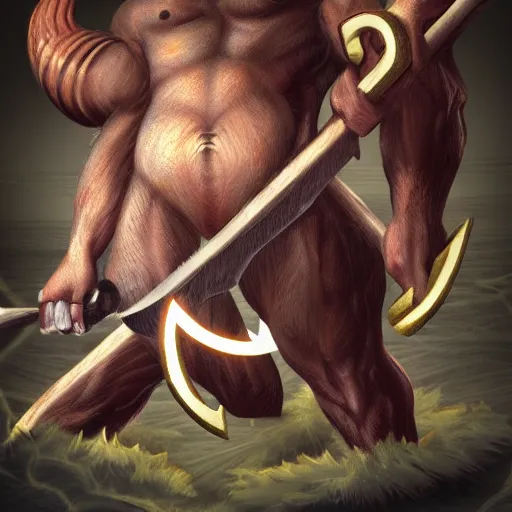 Image similar to huge smug minotaur wielding a great - axe, menacing aura