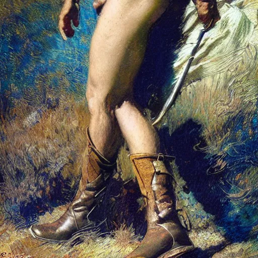Prompt: a beautiful dramatic tarot card of a shirtless gorgeous cowboy. he is wearing cowboy boots. he has a thick build dadbod and a mustache. homoerotic, art by highly detailed painting by gaston bussiere, craig mullins, j. c. leyendecker 8 k