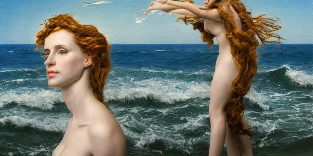 Image similar to Realistic picture of a woman in front of the sea by Annie Leibovitz in the style of the Birth of Venus. Nikon sigma 1/6. Highly intricate, studio lighting