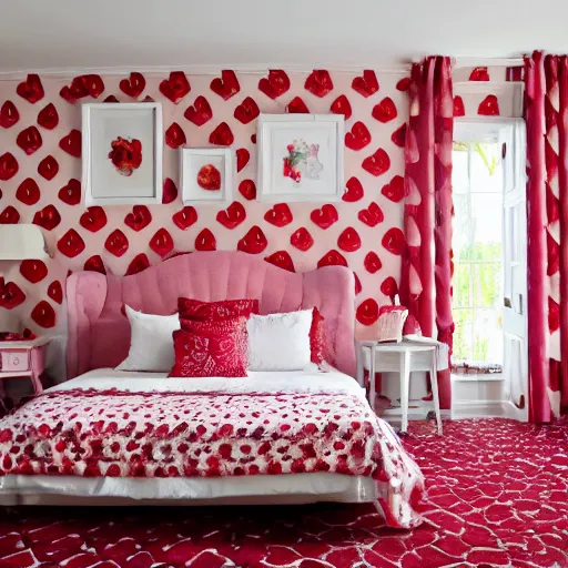 Image similar to deisgner photography of bedroom themed to strawberry motif. bed has strawberry blankets. wall has strawberry pattern. furniture has strawberry motif. furniture is shaped like strawberries. carpet has strawberry motif. lighting has strawberry shapes.