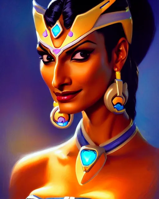 Image similar to symmetra from overwatch, bust, fantasy, fantasy art, fantasy, colorful, elegant, character portrait, portrait, close up, highly detailed, intricate detail, amazing detail, sharp focus, vintage fantasy art, vintage sci - fi art, radiant light, caustics, by boris vallejo