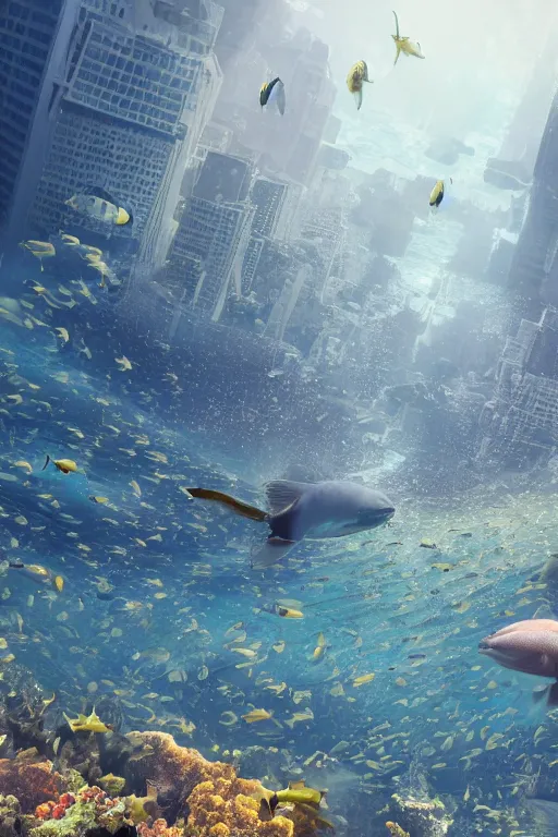 Prompt: ” marine life swimming around a huge city, overdetailed image, ultra realistic, 8 k ”