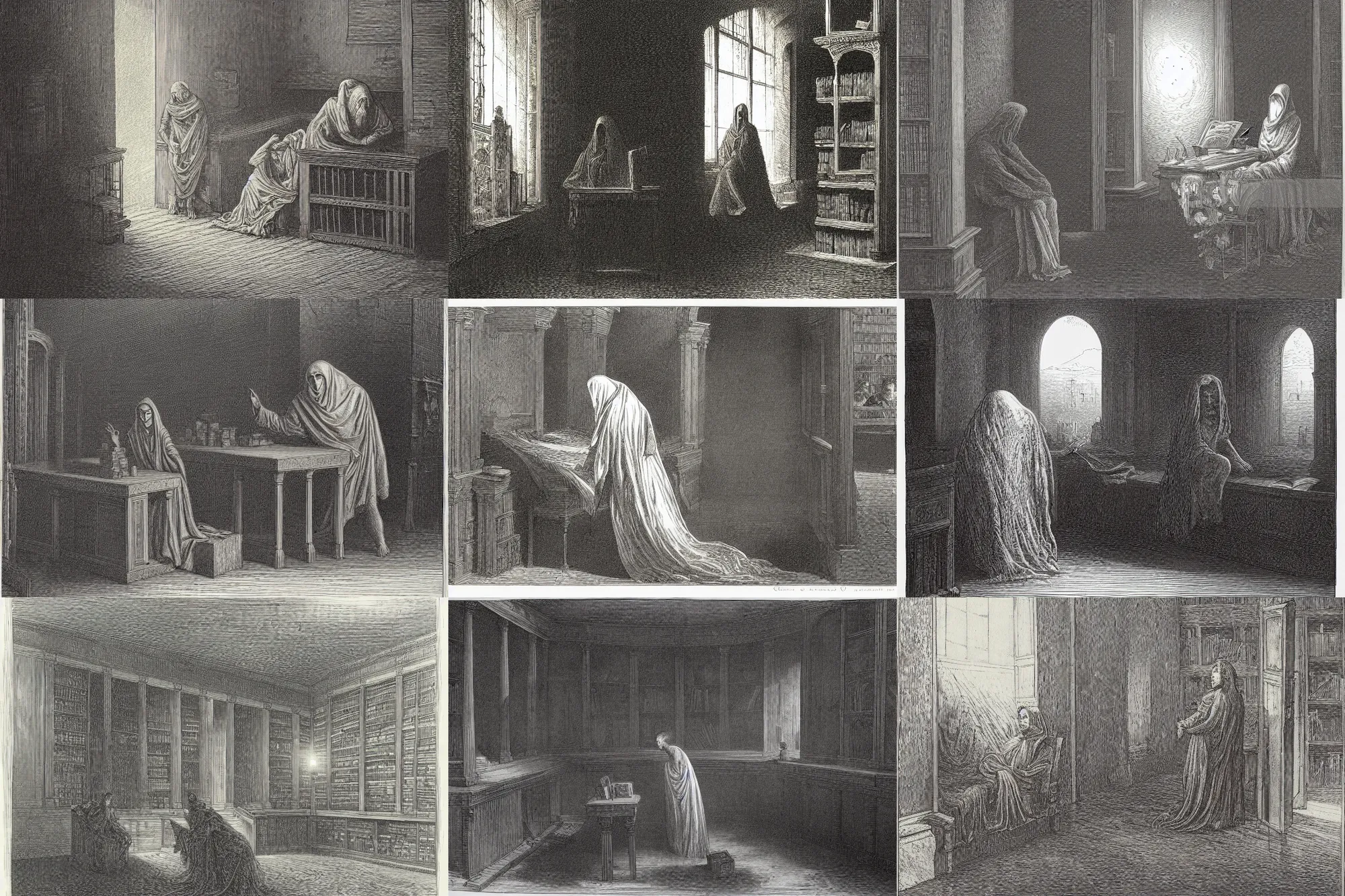 Prompt: Ghost in library, detailed engraving by Gustave Doré