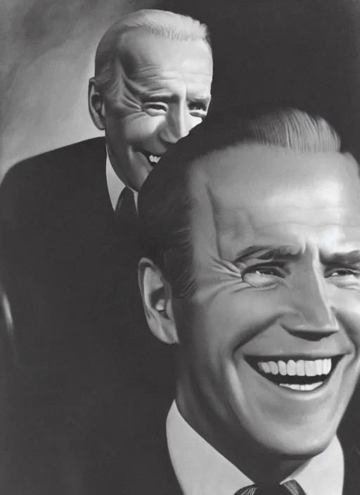 Prompt: first person perspective of joe biden staring directly at you ominously with a big scary smile, 1940s propoganda art