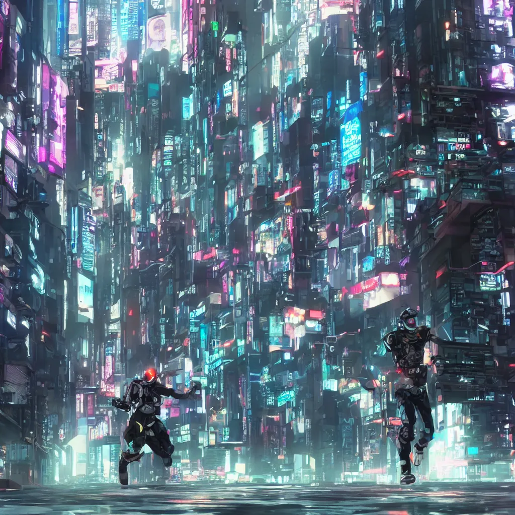 Image similar to a cyberpunk soldier running in full speed in a cyberpunk city, anime