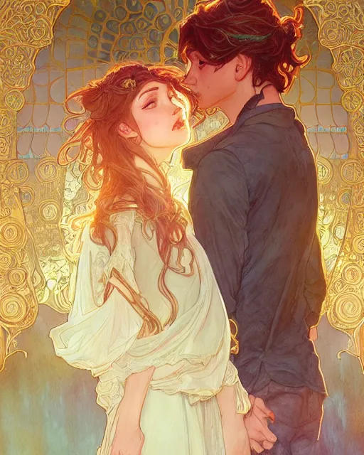 Image similar to secret romance, highly detailed,, gold filigree, romantic storybook fantasy, soft cinematic lighting, award, disney concept art watercolor illustration by mandy jurgens and alphonse mucha and alena aenami, pastel color palette, featured on artstation