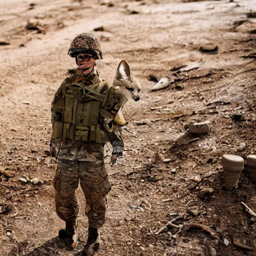 Prompt: fennec fox dressed in a modern american military soldier uniform, in apocalyptic wasteland, 8 5 mm f / 1. 4