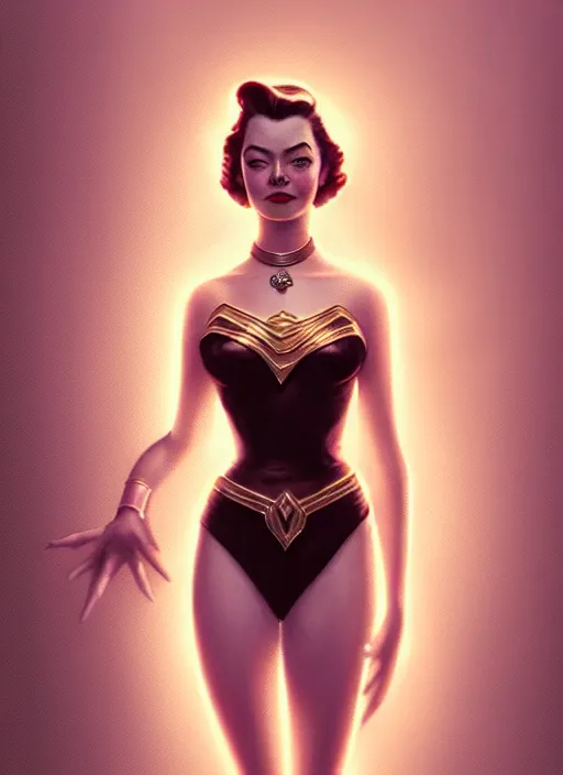 Image similar to portrait of 1 9 5 0 s darna, young emma stone, intricate, elegant, glowing lights, highly detailed, digital painting, artstation, glamor pose, concept art, smooth, sharp focus, illustration, art by wlop, mars ravelo and greg rutkowski