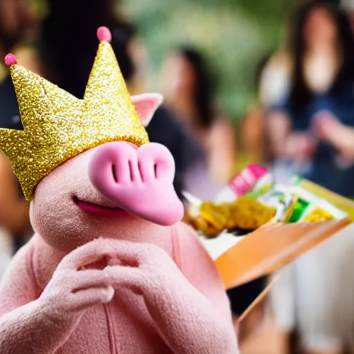 Image similar to pig at a party wearing a gold crowns as a Muppet holding a snack bag 8k