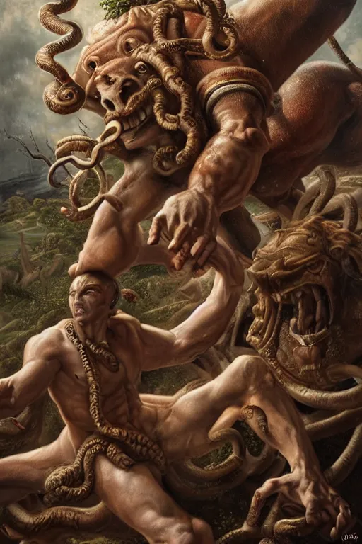 Image similar to minotaur vs medusa gorgon, realistic, detailed, highly detailed, hyper detailed, high definition, extremely detailed oil painting, beautiful composition, trending on artstation, award - winning photograph, masterpiece, intricate, portrait, 8 k highly professionally detailed, hdr, cgsociety