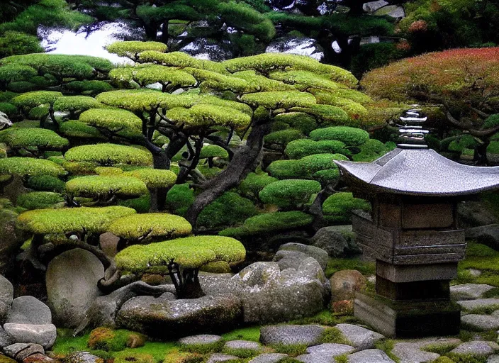 Image similar to japanese garden of an ancient god by wayne barlowez