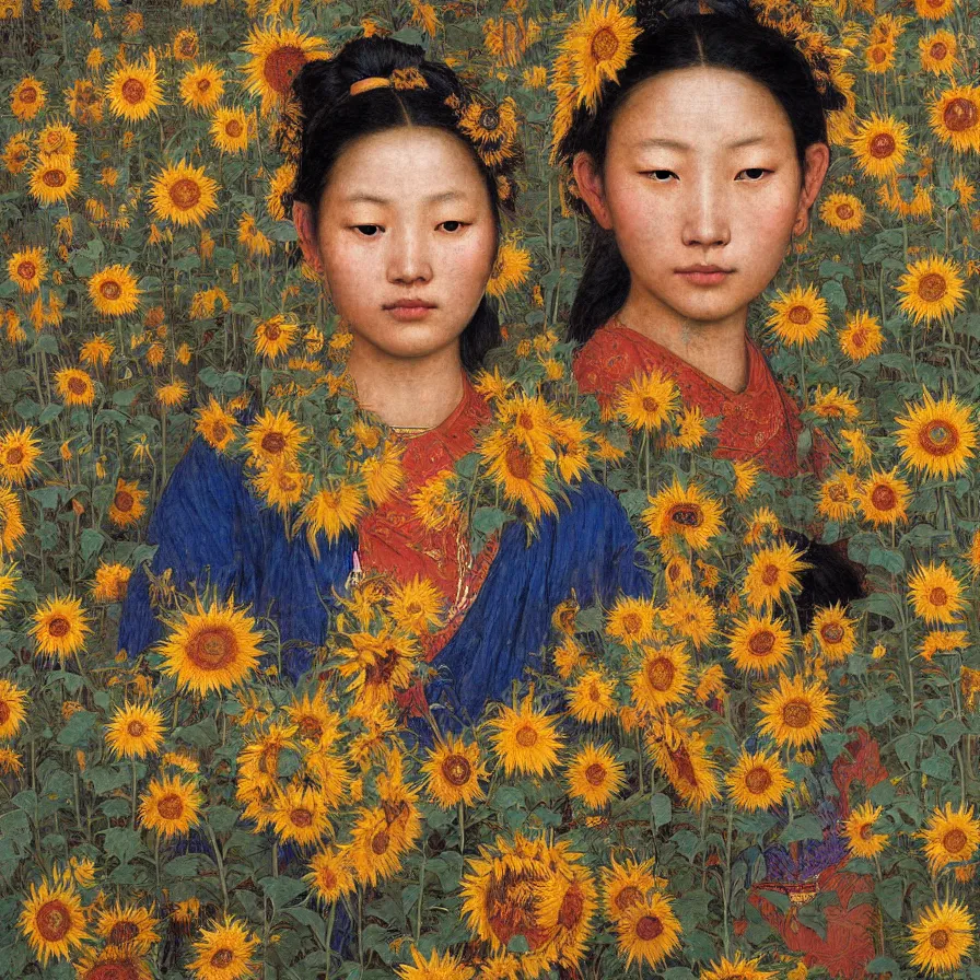Image similar to a young tibetan woman wearing colourful face paint surrounded by bright intricate patterns of sunflowers and other plants, by edgar maxence and caravaggio and michael whelan, intricate painting, hyperrealistic, finely detailed and beautiful aesthetic face, 8 k resolution