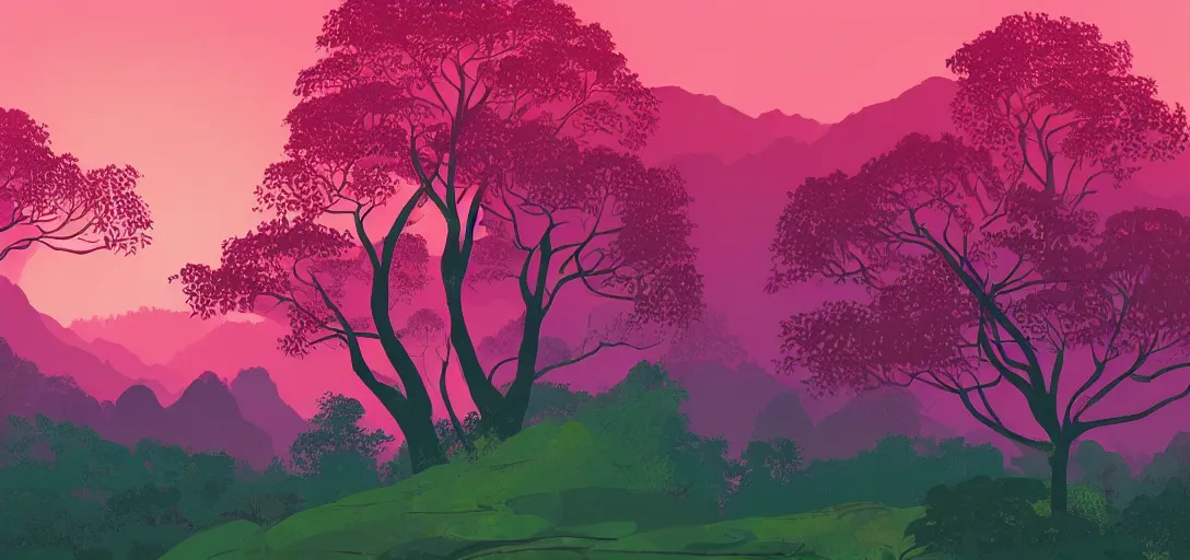 Image similar to a forested landscape, large hanging tree canopies, pink light on the horizon, mountains, vast foliage, by eyvind earle, volumetric lighting, flat color
