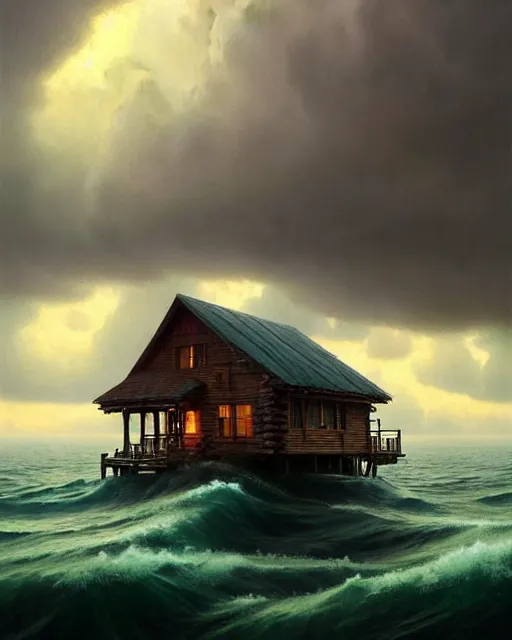 Image similar to a hyper - detailed 3 d render like an oil painting of cabin dreaming of the untamed ocean!!!!! surreal concept art, lifelike, photorealistic, digital painting, aesthetic, smooth, sharp focus, artstation hd, by greg rutkowski, bruce pennington, valentina remenar, rhads, asher duran,