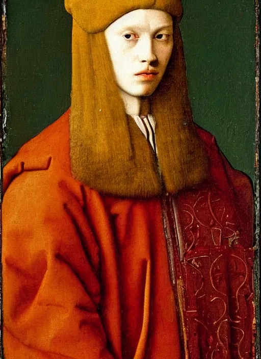 Image similar to portrait of a young king, medieval painting by Jan van Eyck, Johannes Vermeer, Florence