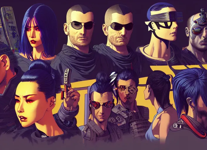 Image similar to cyberpunk samurai team. portrait by stonehouse and mœbius and will eisner and gil elvgren and pixar. character design. realistic proportions. cyberpunk 2 0 7 7 character art, blade runner 2 0 4 9 concept art. cel shading. attractive face. thick lines. the team. diverse characters. artstationhq.