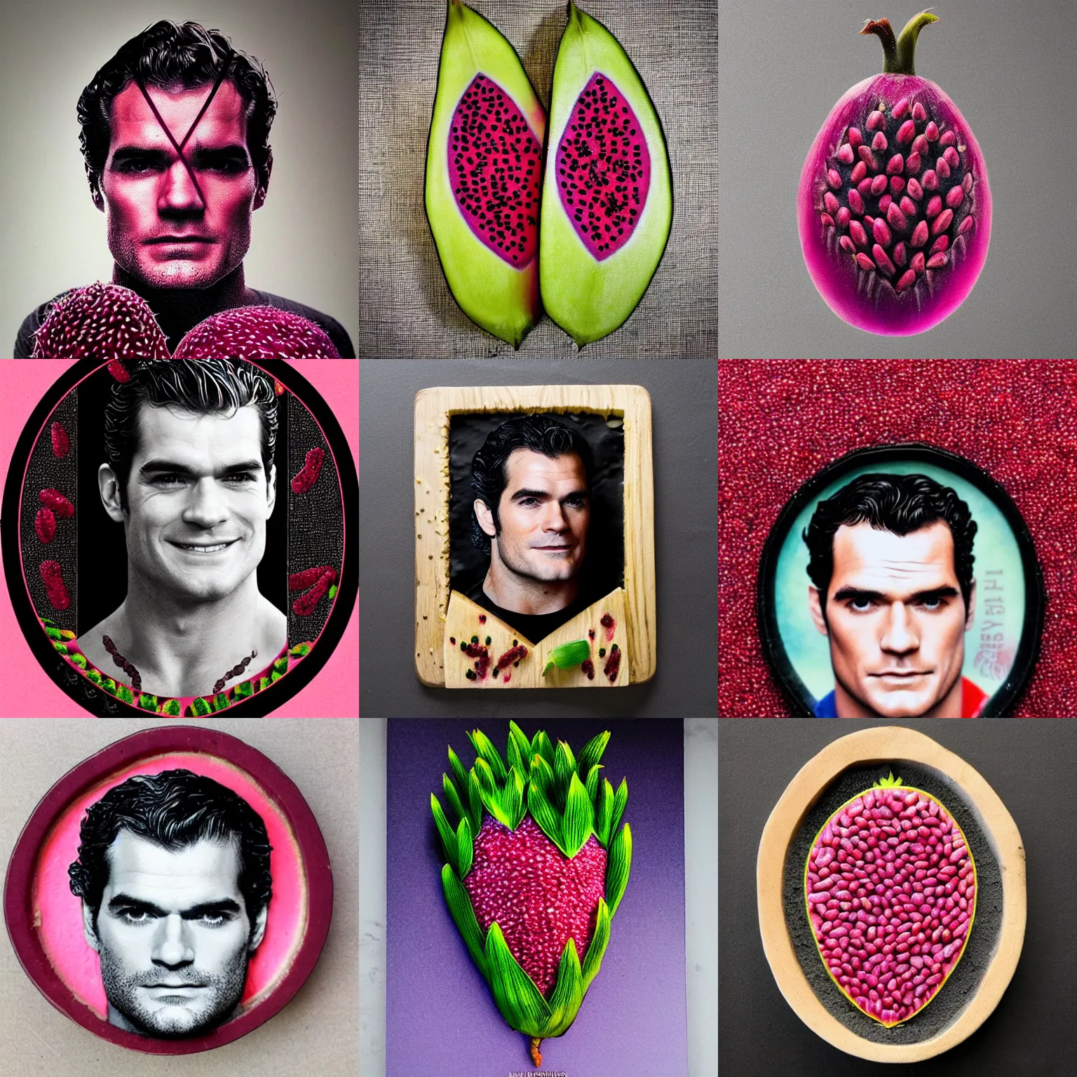 Prompt: dragonfruit portrait of henry cavill, made of dragonfruit seeds, inside a dragonfruit