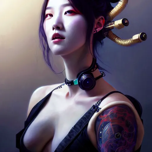 Image similar to portrait painting of sunmi as a cyberpunk technician with horns and tattoos, ultra realistic, concept art, intricate details, eerie, highly detailed, photorealistic, octane render, 8 k, unreal engine. art by artgerm and greg rutkowski and magali villeneuve and alphonse mucha