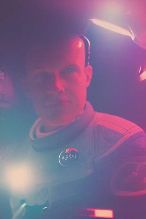 Image similar to agfa vista 4 0 0 portrait photograph of a meso american guy astronaut on a spaceship, synth vibe, vaporwave colors, lens flare, moody lighting, moody vibe, telephoto, 9 0 s vibe, blurry background, grain, tranquil, calm, faded!,