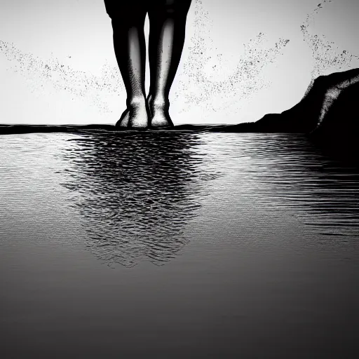 Prompt: a woman stands on the water in the style of kentaro miura, 4 k, 8 k, absolute detail of even the smallest details and particles, beautiful shadows, beautiful art, black and white drawing