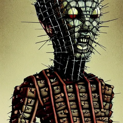 Prompt: portrait of a pinhead hellraiser as Disney cactus character by Artgerm, H R Giger, not scarry, Pixar, digital painting, concept art, kawaai, summertime, smiling, warm tones, depth of field, dramatic light