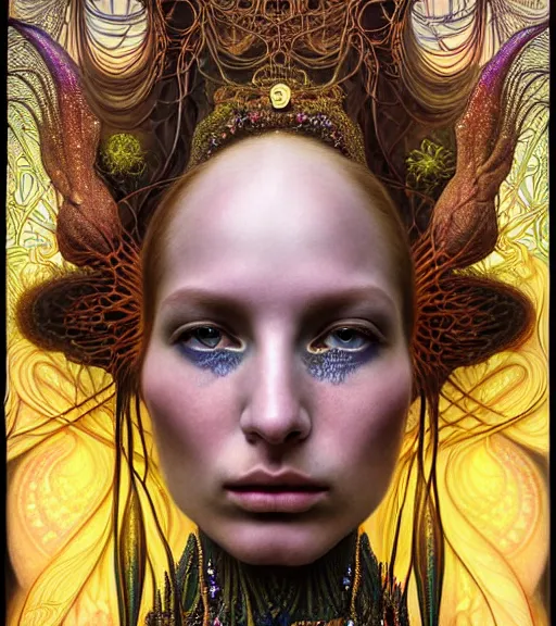 Prompt: detailed realistic beautiful young groovypunk queen of andromedad galaxy in full regal attire. face portrait. art nouveau, symbolist, visionary, baroque, giant fractal details. horizontal symmetry by zdzisław beksinski, iris van herpen, raymond swanland and alphonse mucha. highly detailed, hyper - real, beautiful