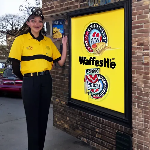 Image similar to wafflehouse employee's standing below wafflehouse sign, employees uniform is blue and black with yellow name tags