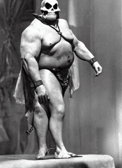 Prompt: old photo of an overweight skeletor from heman