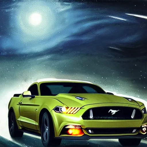 Image similar to a beautiful artwork of a mustang on a highway at night, by Jerome Opeña, featured on artstation