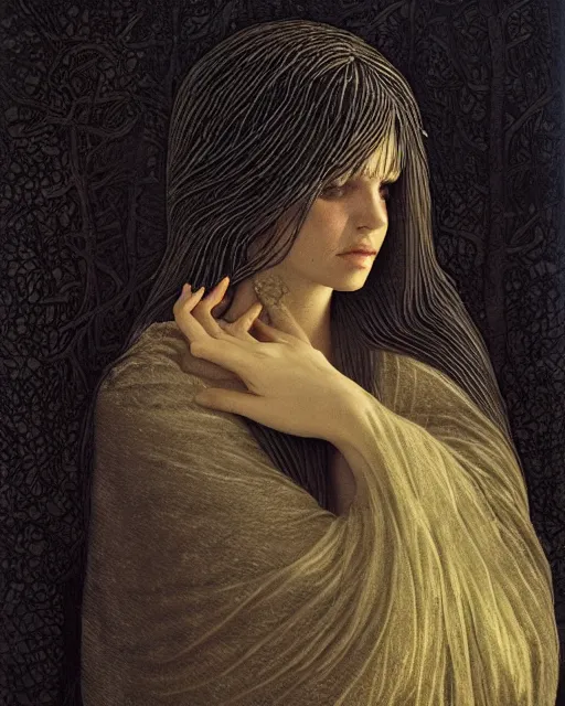 Image similar to award - winning photo of a woman with melancholy, wearing a cloak, mysterious, dark, intricate, concept art, glowy, sweet night ambient, fog, by erwin olaf, by carlos schwabe, by delphin enjolras
