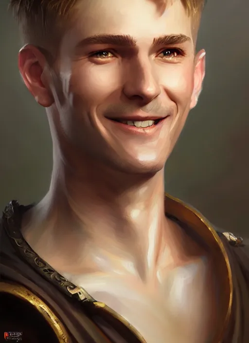 Image similar to a _ fantasy _ style _ portrait _ painting _ of white male short fringe light brown hair short head smiling clean shaven round face rpg dnd oil _ painting _ unreal _ 5 _ daz. _ rpg _ portrait _ extremely _ detailed _ artgerm _ greg _ rutkowski _ greg