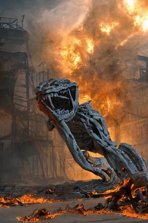 Image similar to techological leviathan attacking the burned out husk on home depot, cinematic lighting, global illumination radiating a glowing aura