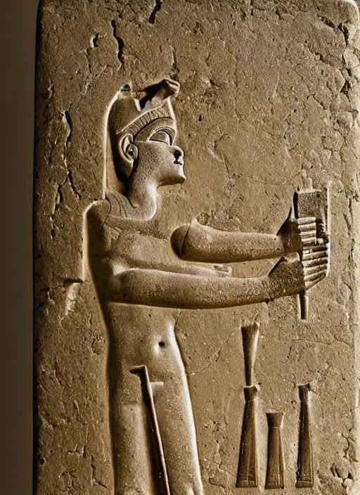 Image similar to a very very very worn out ancient egyptian relief of a man shooting a bolt action rifle, award winning photo