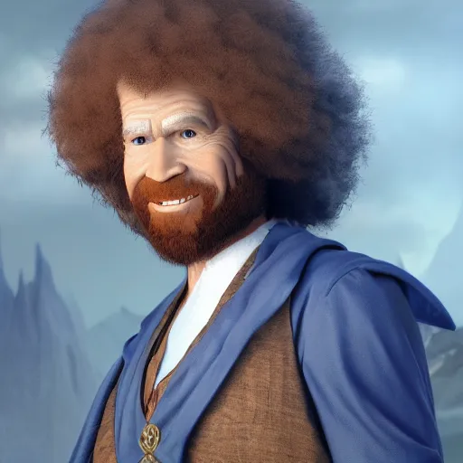 Prompt: an ultra detailed matte painting bob ross as a blue mage from final fantasy, fantasy concept art by alphonse mucha and greg rutkowski, octane render, 8 k, detailed face