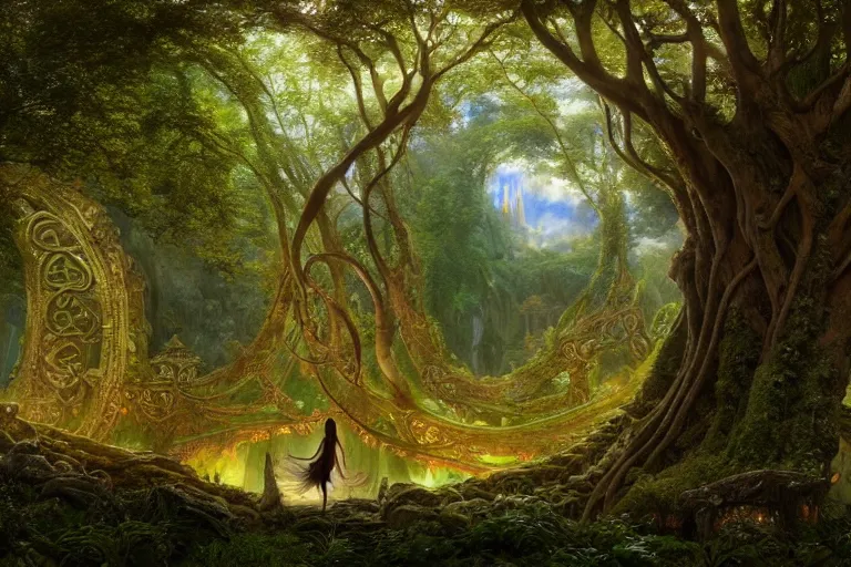 Prompt: a beautiful and highly detailed matte painting of a sexy nymph looking at an elven temple in a mystical forest, psychedelic, celtic, intricate details, epic scale, insanely complex, 8 k, sharp focus, photorealism, artstation, cgsociety, by caspar friedrich, albert bierstadt, james gurney, brian froud,