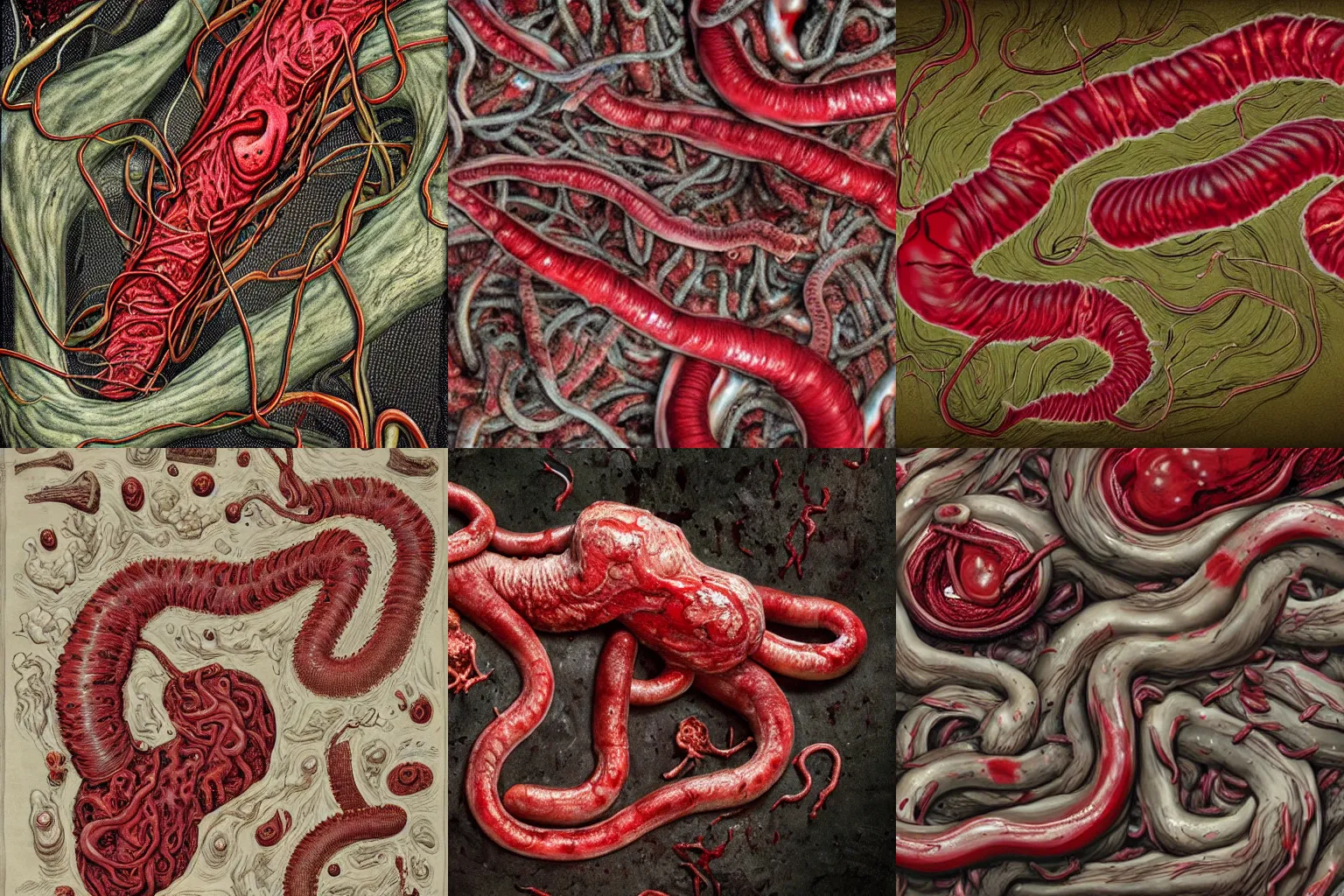 Prompt: a photo of a gory blood-red abomination without shape or form, slimy and reflective, composed of many animals and fungi of this world, yet unrecognizable, twitching and writhing, with intestine-like smooth and shiny worms slithering out of the central mass, body horror, blood oozing from every body crevice, ultra-detailed, ultra-realistic, color