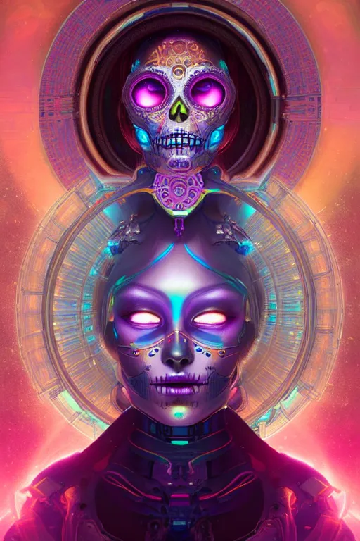 Prompt: ultra detailed Female Android deity, scifi, octane render, (dia de los muertos), asymmetrical, intricate concept art, triadic color scheme, art by artgerm and DZO and greg rutkowski and alphonse mucha and loish and WLOP