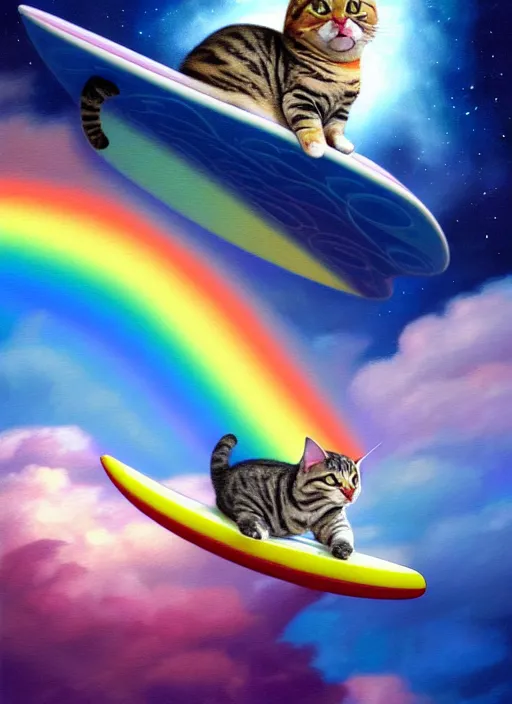 Prompt: a chubby tabby cat surfing on a rainbow in outer space, diffuse lighting, fantasy, intricate, surrealism!!!!, highly detailed, lifelike, photorealistic, digital painting, artstation, illustration, concept art, smooth, sharp focus, by greg rutkowski, chris tulloch mccabe, valentina remenar and asher duran,