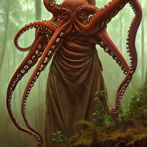 Prompt: photo of a humanoid octopus hybrid were a heroic dress an armour in the forest, @ @ lenin face @ @, long hair, highly detailed, digital painting, artstation, smooth, sharp focus, illustration, art by artgerm and greg rutkowski and alphonse mucha