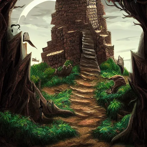 Prompt: azkhell's tower, a wizard tower full of traps and encounters. mysterous, cautious, adventurous, ancient. digital art, 8 k, lighting