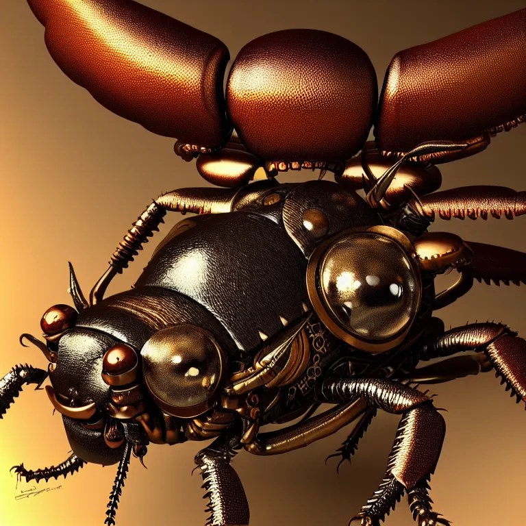Prompt: steampunk stag beetle, biomechanical, 3 d model, unreal engine realistic render, 8 k, micro detail, intricate, elegant, highly detailed, centered, digital painting, smooth, sharp focus, illustration, artgerm, by wlop